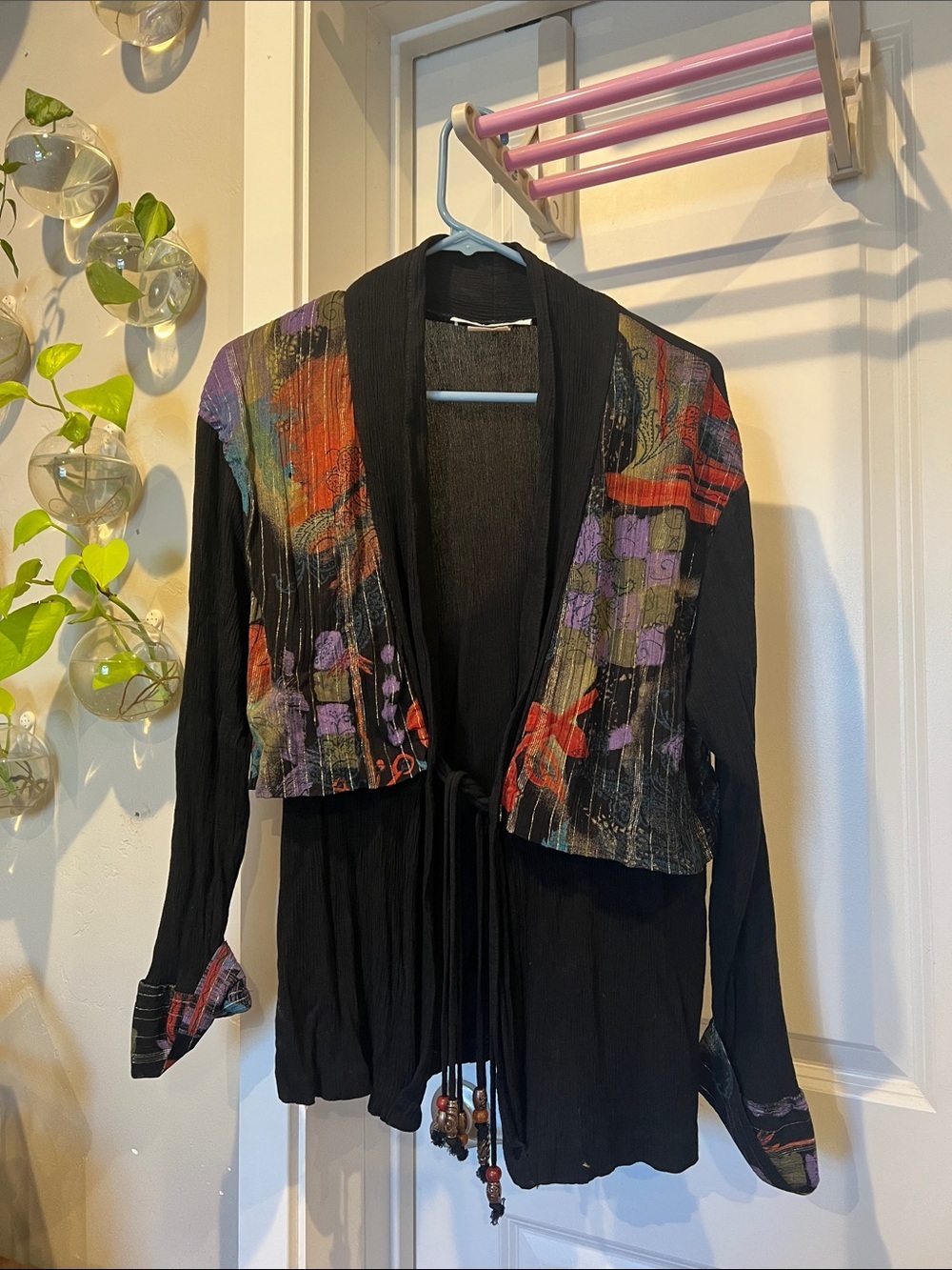 Solitaire Vintage Black Top with Multicolor Printed Yoke and Cuffs